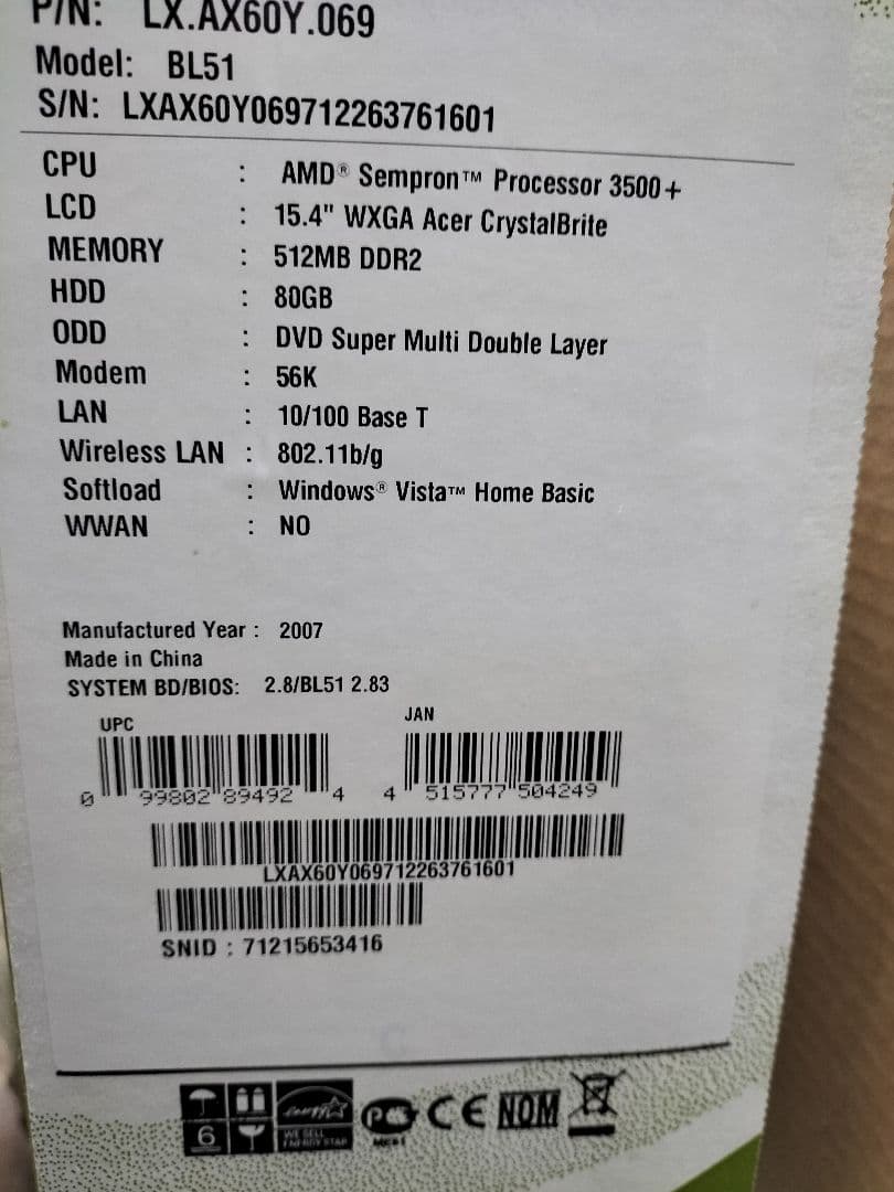 Acer ノートブック PC AS3104WLMi　Windows Vista