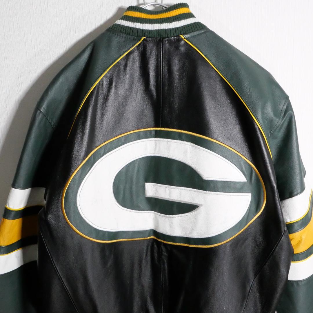 NFL グリーンベイ パッカーズ 本革 レザージャケット 革ジャン 刺繍 L 緑
