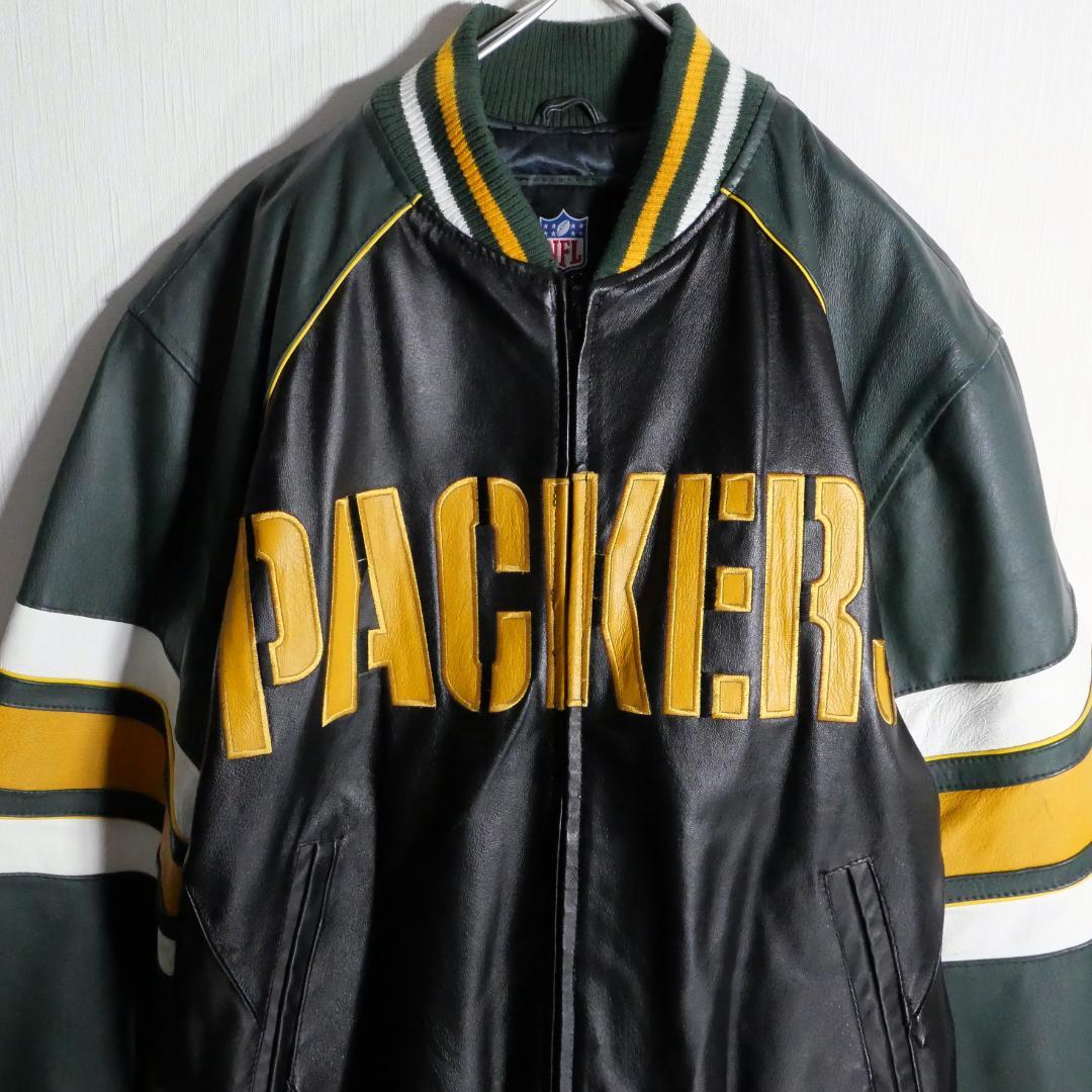 NFL グリーンベイ パッカーズ 本革 レザージャケット 革ジャン 刺繍 L 緑