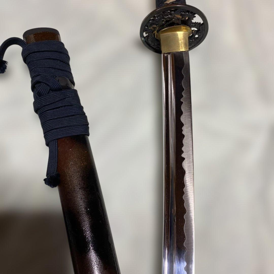 居合刀 濃緑柄 龍彫透し丸鍔 黒茶斑尾鞘