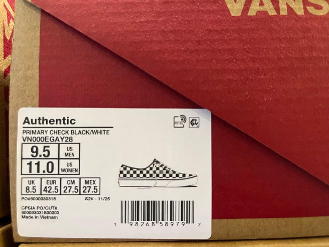 VANS AUTHENTIC checker 黒白 US正規品 赤箱 27.5
