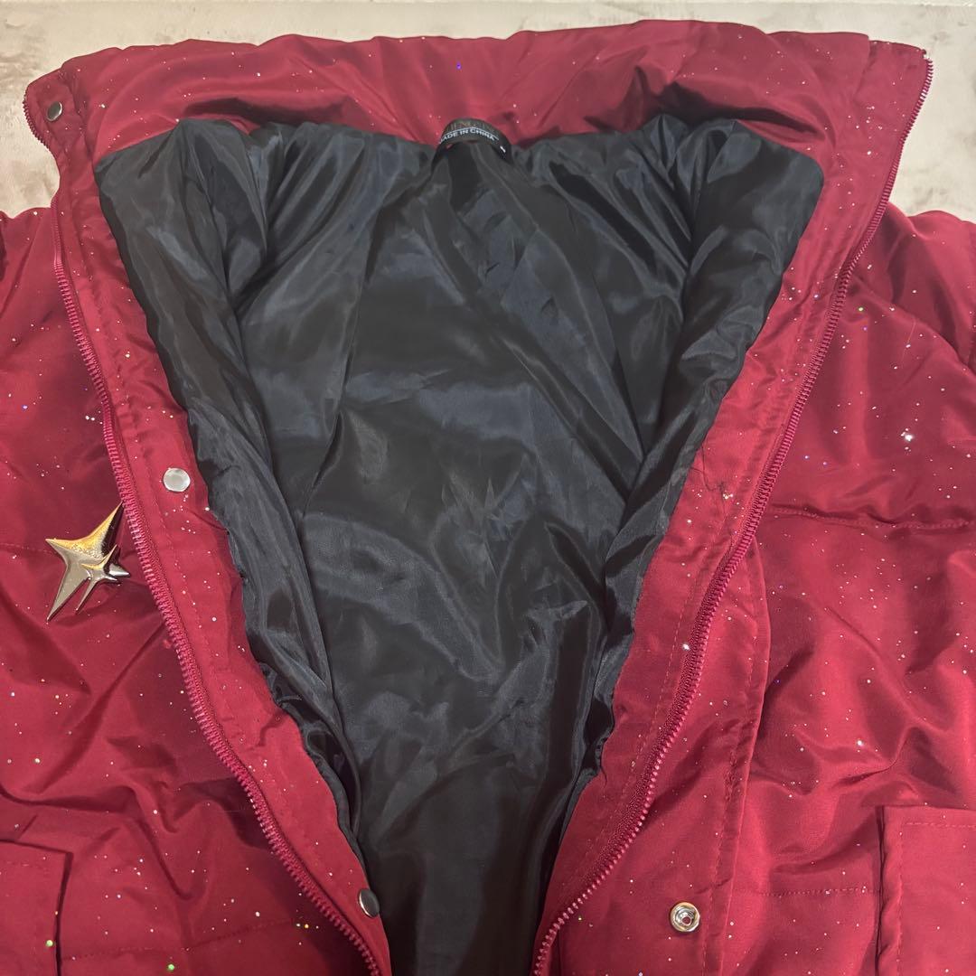 ラメ入り ダウンジャケット 赤 Lサイズ ゴシックロゴ Y2K ストリート 中綿