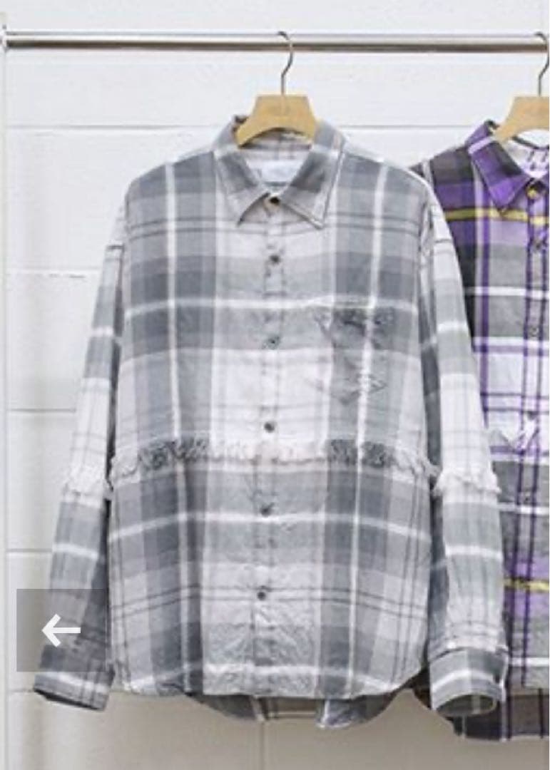 極美品　UNUSED アンユーズド チェックシャツ フリンジ 長袖 グレー