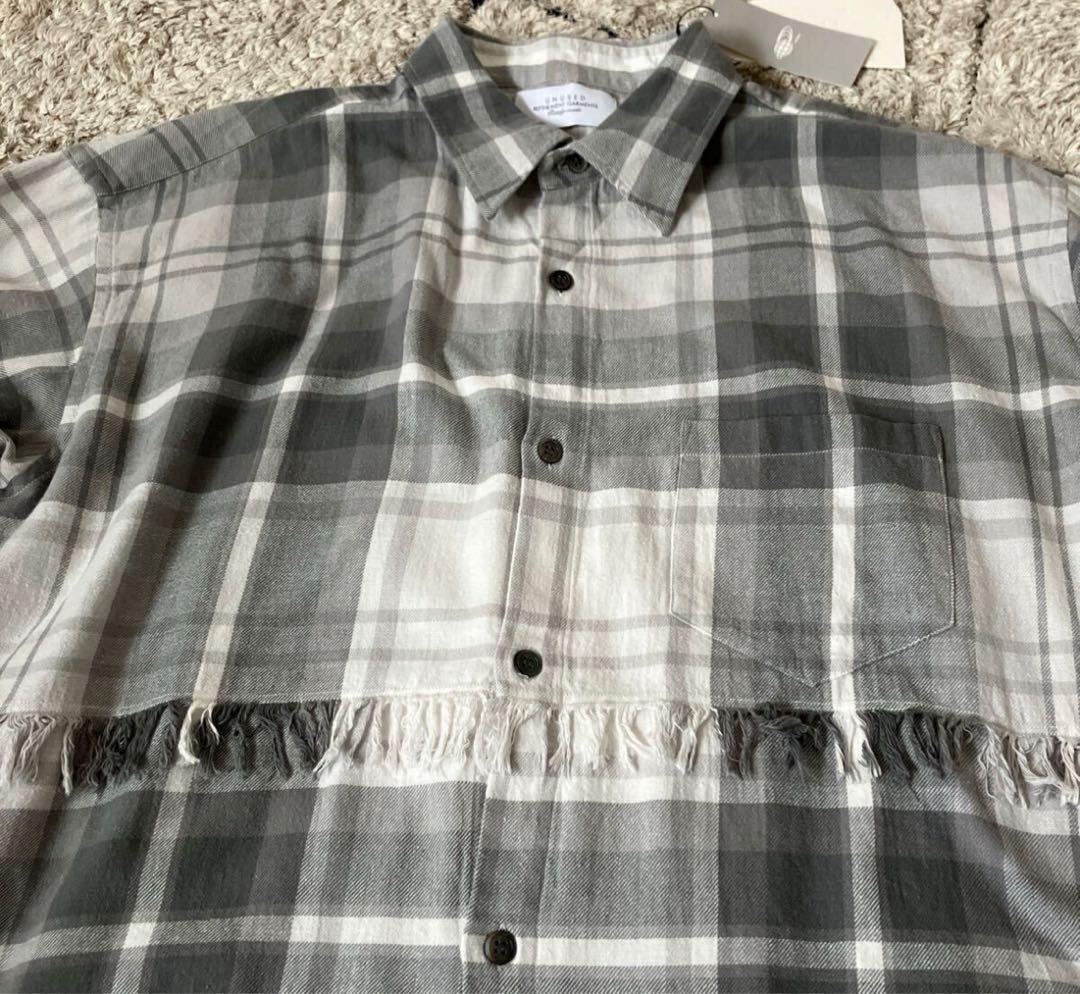 極美品　UNUSED アンユーズド チェックシャツ フリンジ 長袖 グレー