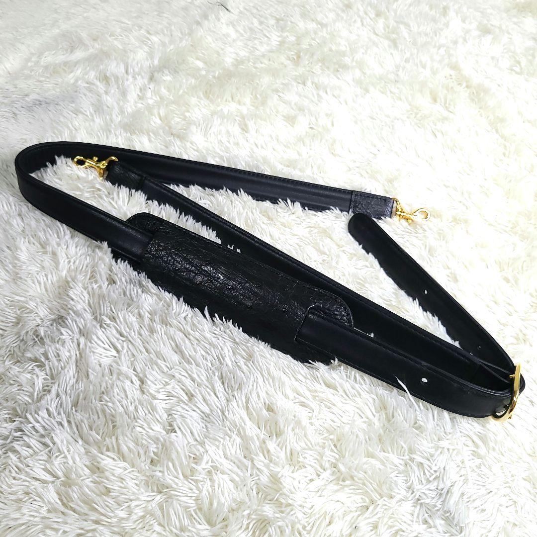 美品 大型 オーストリッチ本革 ボストンバッグ ゴールド金具 ブラック 2way