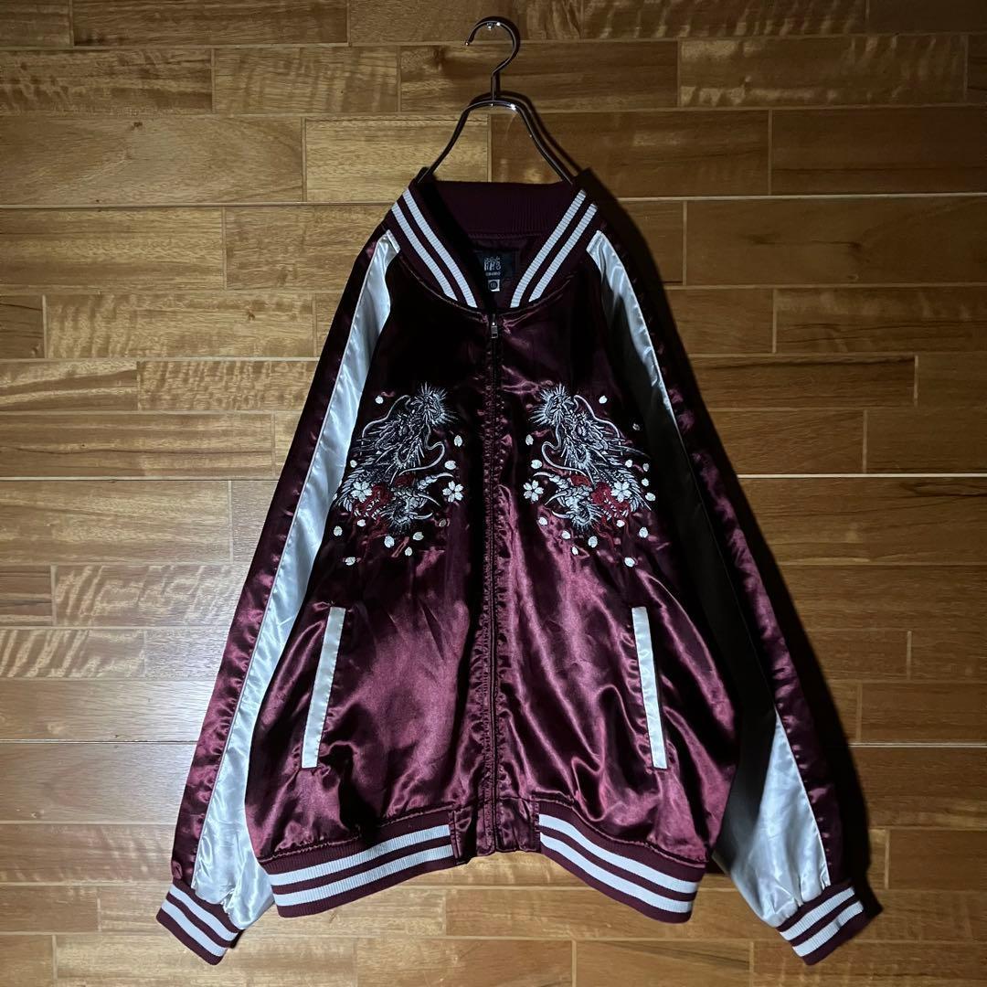 スカジャン　ラグラン　朧　和柄　龍　ドラゴン　桜　月　バイカラー　刺繍　XXL