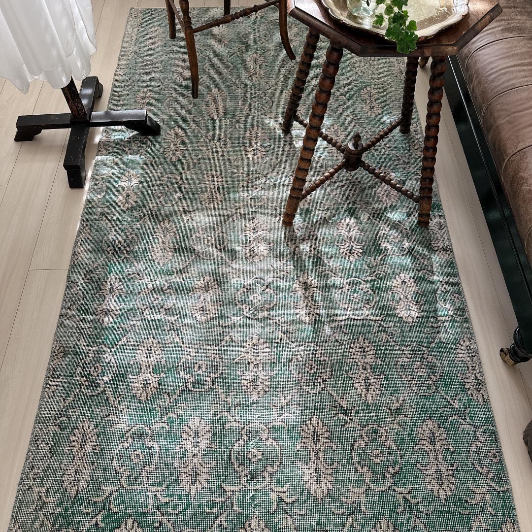 トルコヴィンテージラグ A34 レア 人気柄 紋章柄 グリーン ターコイズ