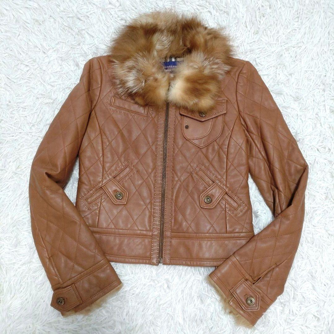 極美品　バーバリーブルーレーベル　ラムレザー　ノバチェック　フォックスファー