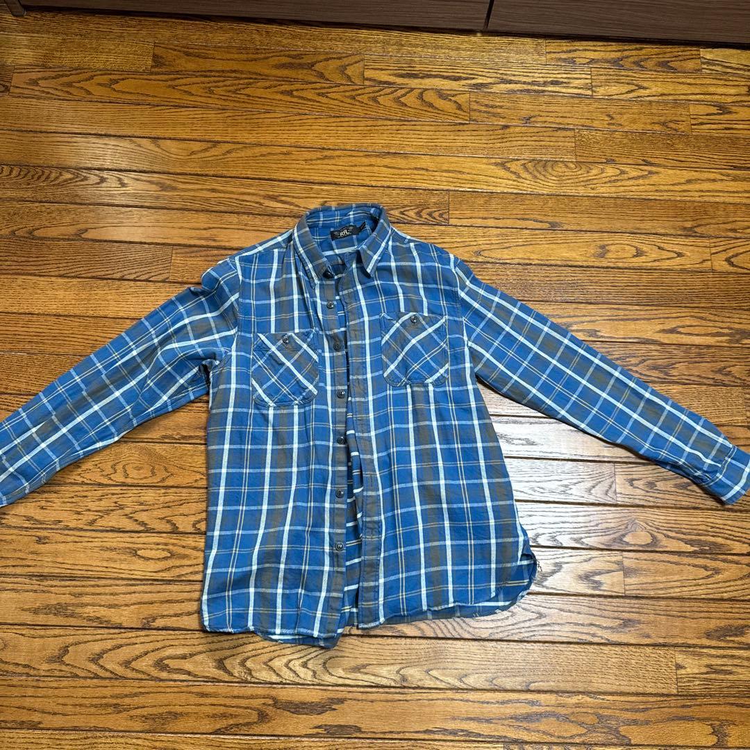 青系チェック柄長袖シャツ