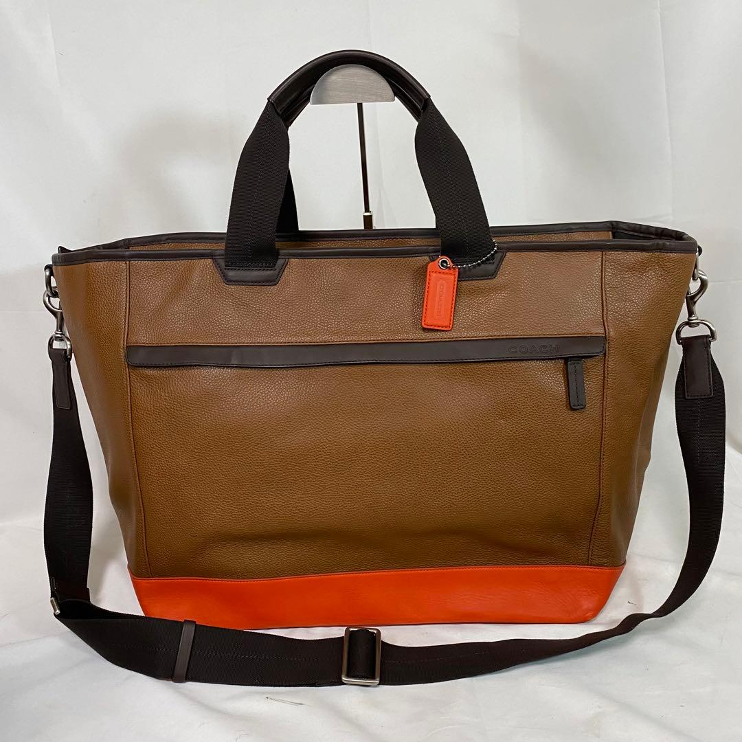 美品　COACH　2WAYトートバッグ　本革　オレンジ　ブラウン　タグ付未使用品
