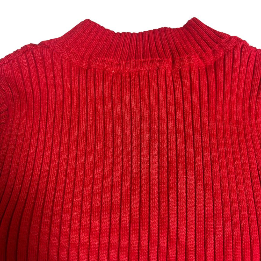 【美品】Courregesクレージュ ロゴ付き半袖リブニット 赤Mブルガリア製