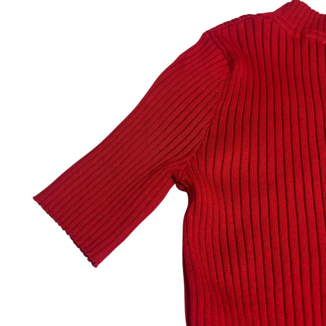 【美品】Courregesクレージュ ロゴ付き半袖リブニット 赤Mブルガリア製