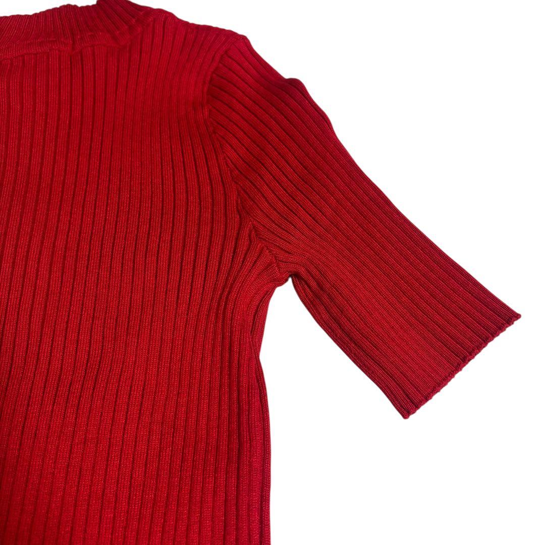 【美品】Courregesクレージュ ロゴ付き半袖リブニット 赤Mブルガリア製