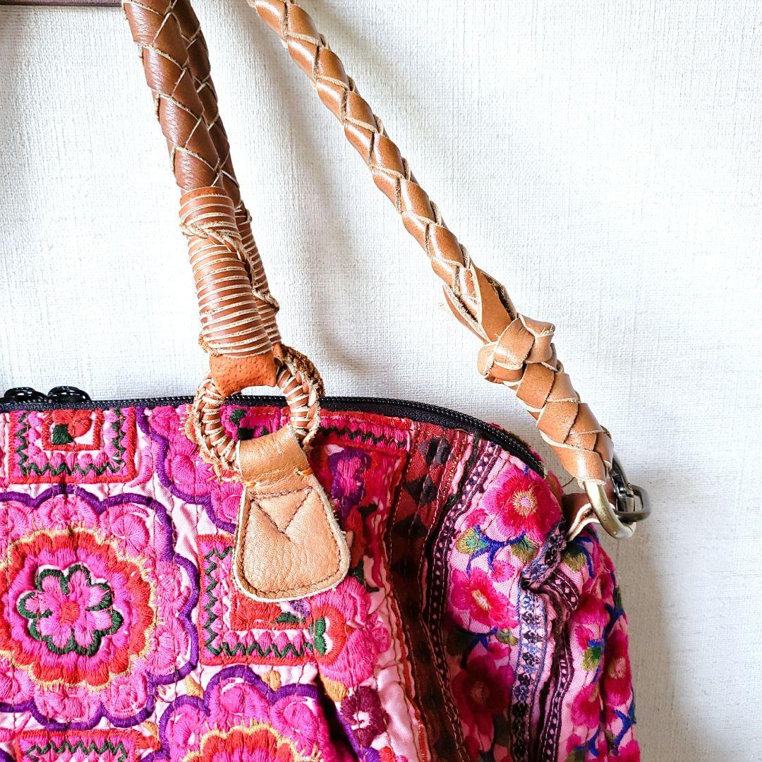 ★ 一点物 未使用 ★ アジア 少数民族 刺繍 古布 ショルダーバッグ ピンク