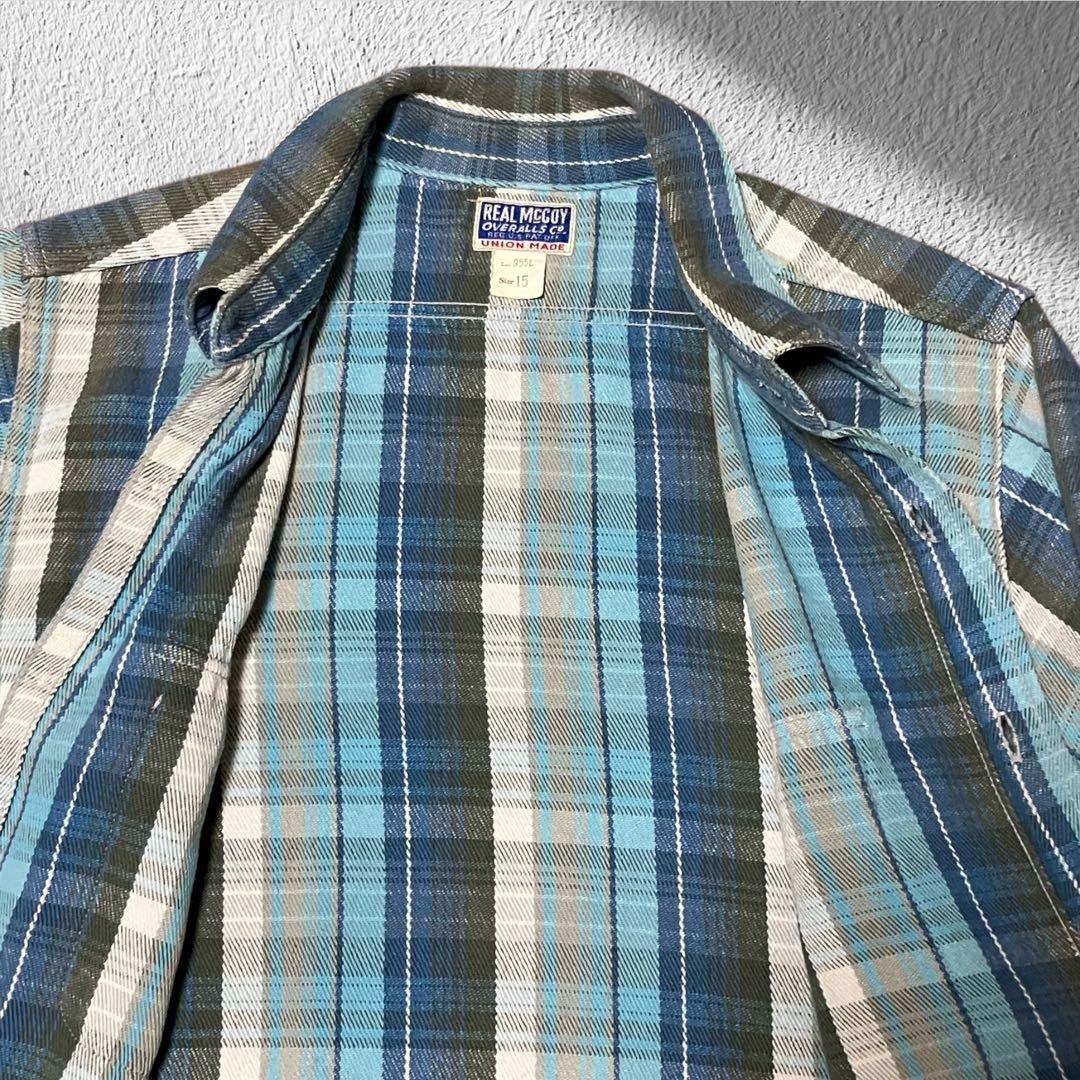 【マチ付】美品リアルマッコイズ ヘビーネルシャツ15 ブルー系 Lot.955L