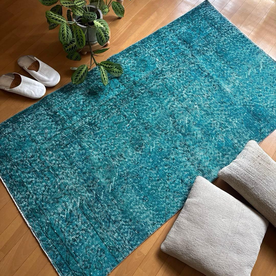 84×152ブルーグリーン　ボタニカルオーバーダイ　トルコヴィンテージラグ