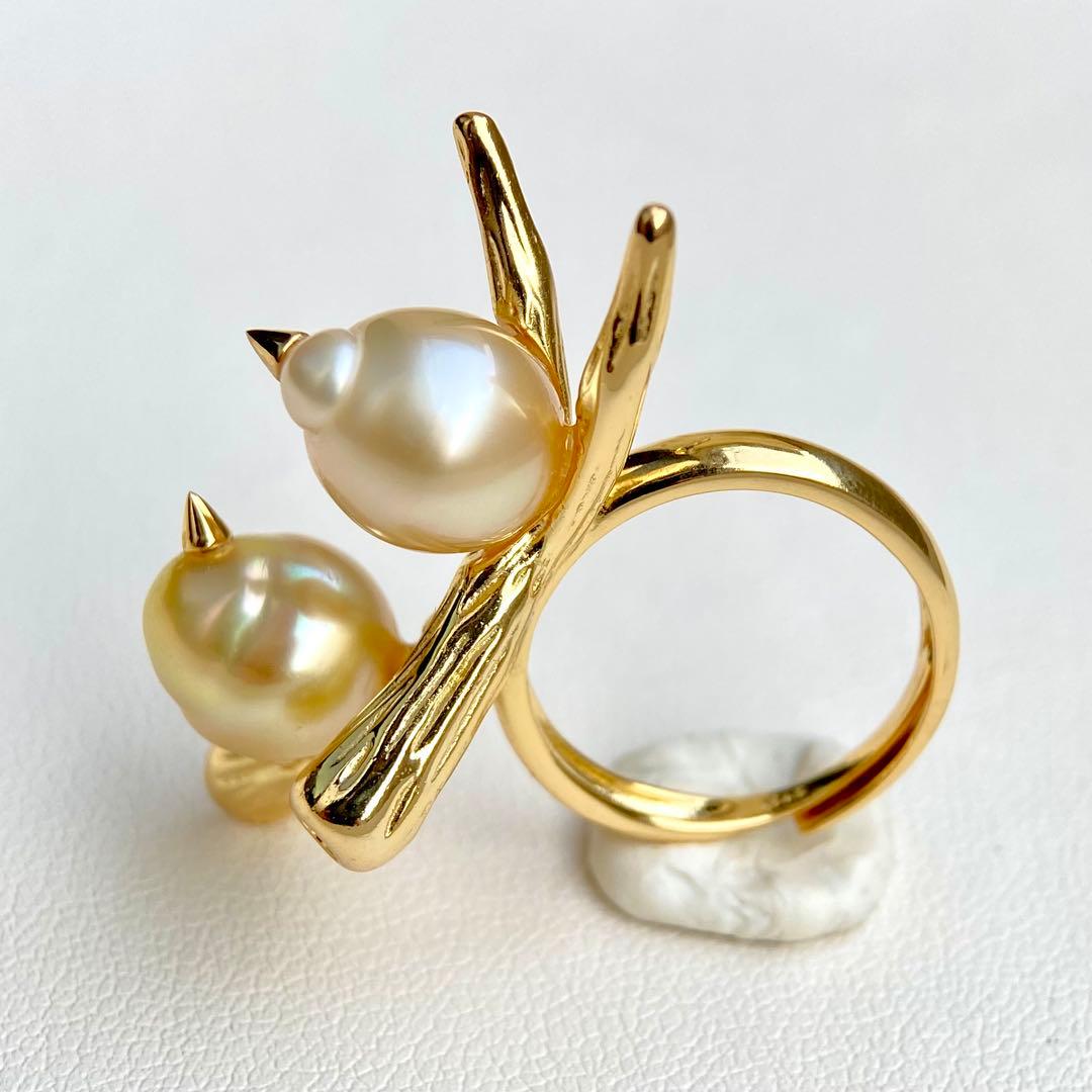 本真珠南洋白蝶真珠ゴールドと茶金「鳥と枝」s925リングY1055