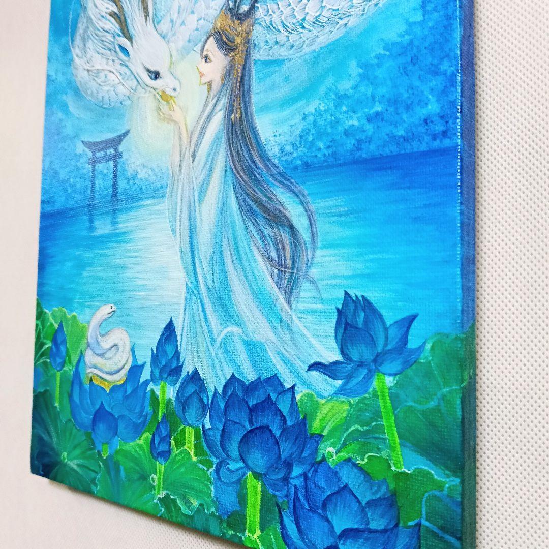 No.517 F3キャンバス　アクリル画　弁財天　弁天様　白龍　白蛇　開運絵画