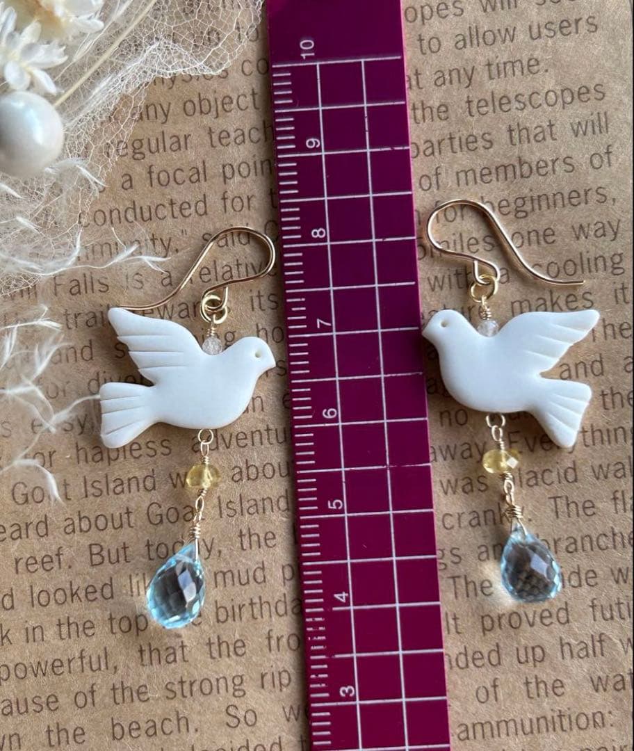 作家様の平和の鳩　ブルートパーズ＆ヘリオドールのピアス他　14kgf