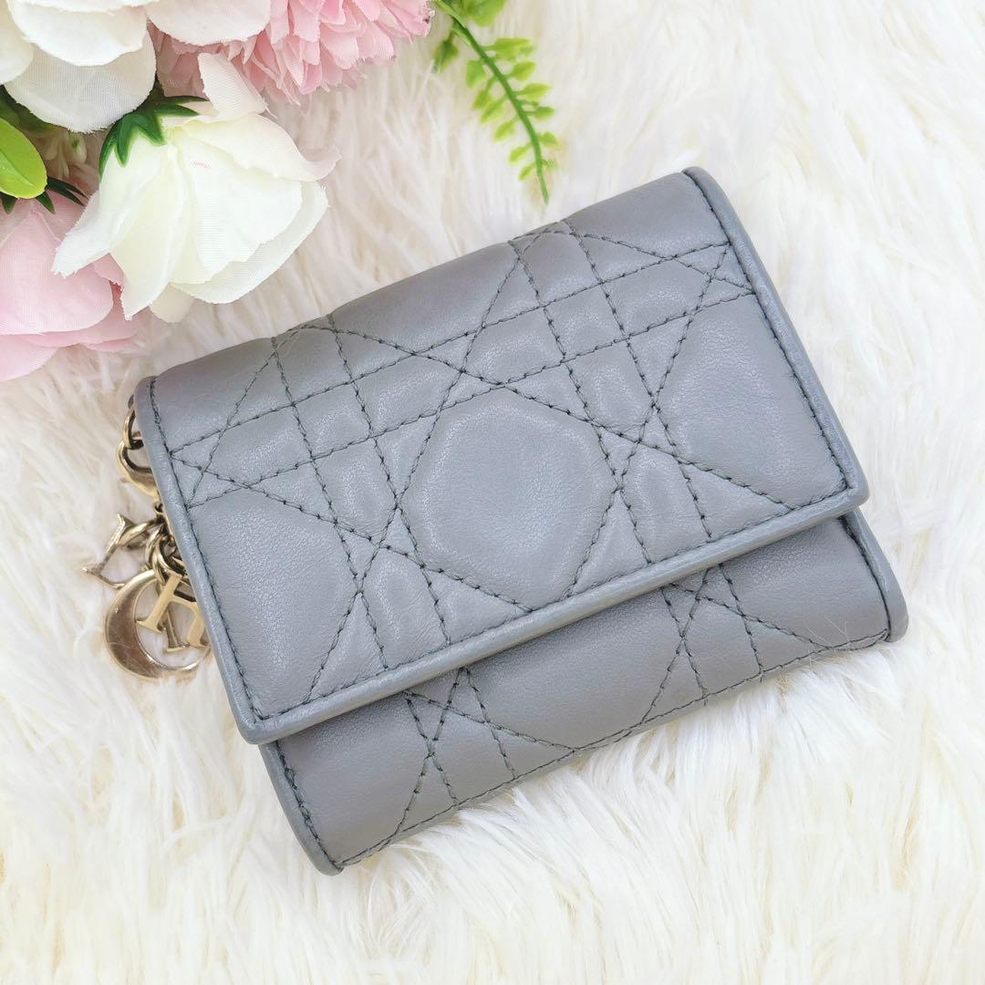 美品✨ディオール カナージュ ロータスウォレット　三つ折り財布 ブルーグレー