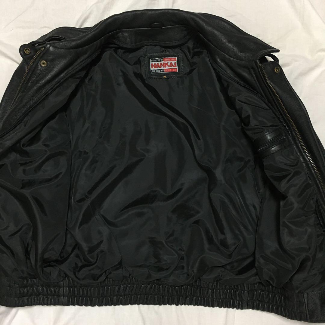 【個性派古着】南海部品　長袖デザイン革ジャン　牛革　ツヤあり　ファスナー式　XL