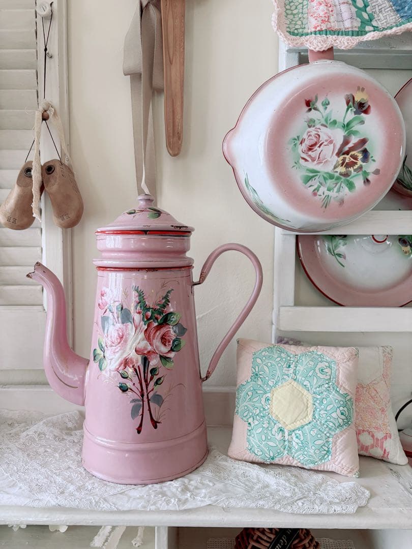 アンティークホーロー♡AUBECQ社ピンクバラ柄ホーローカフェティエール　希少❣️