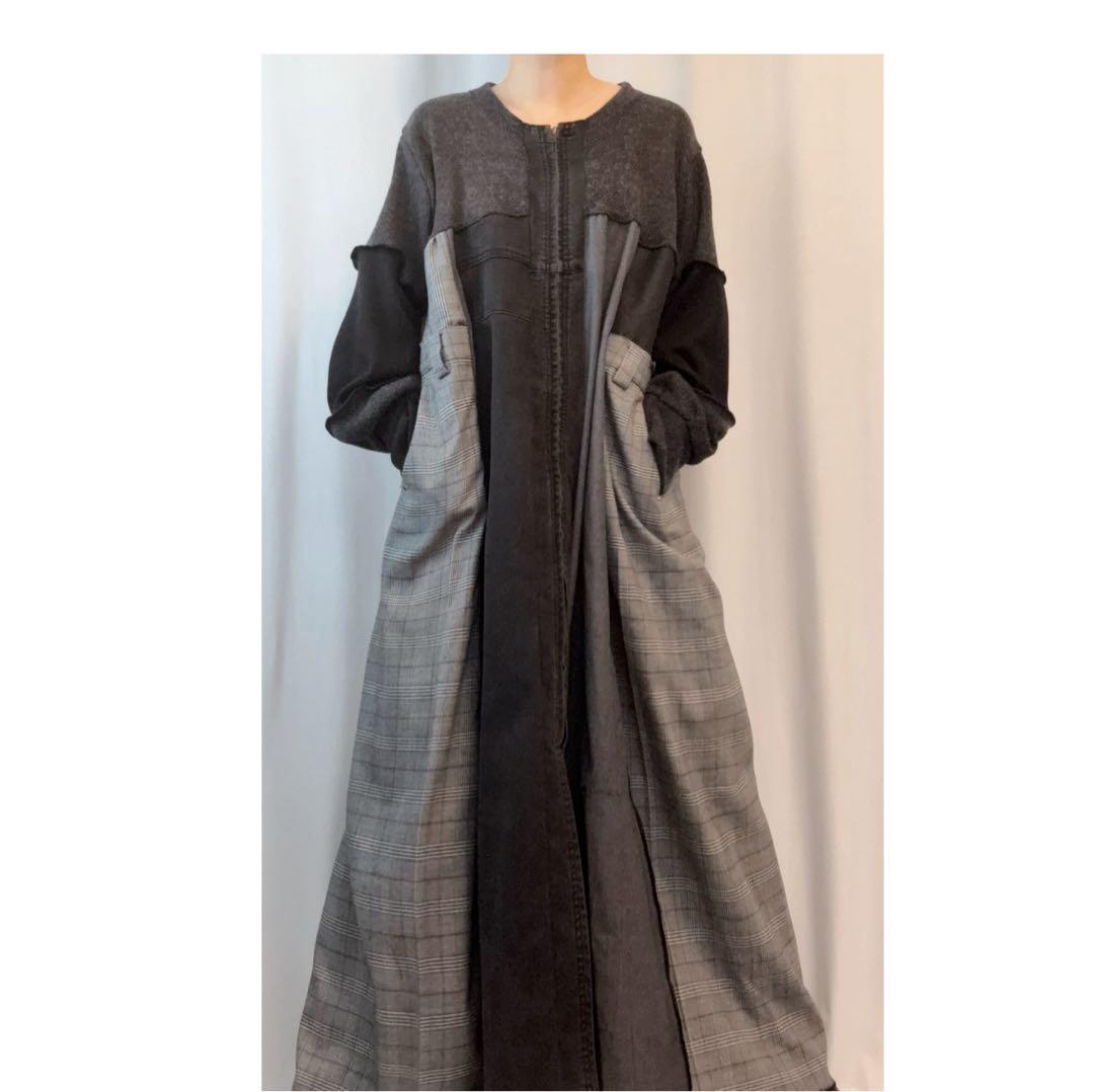 ④ジップアップ異素材ミックス切替ロングワンピース