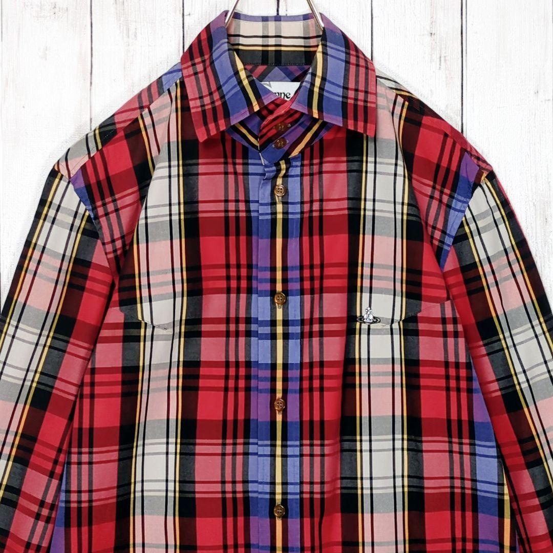 入手困難希少最大サイズ50【美品】ヴィヴィアンマン チェック柄シャツ 刺繍オーブ