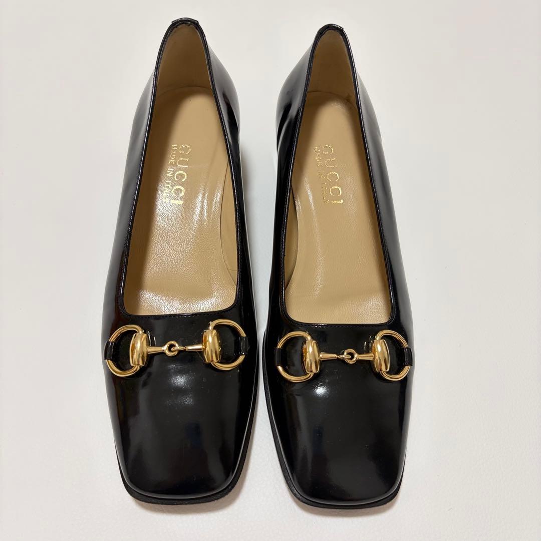 極美品✨GUCCI ホースビット パンプス チャンキーヒール パテントレザー 黒