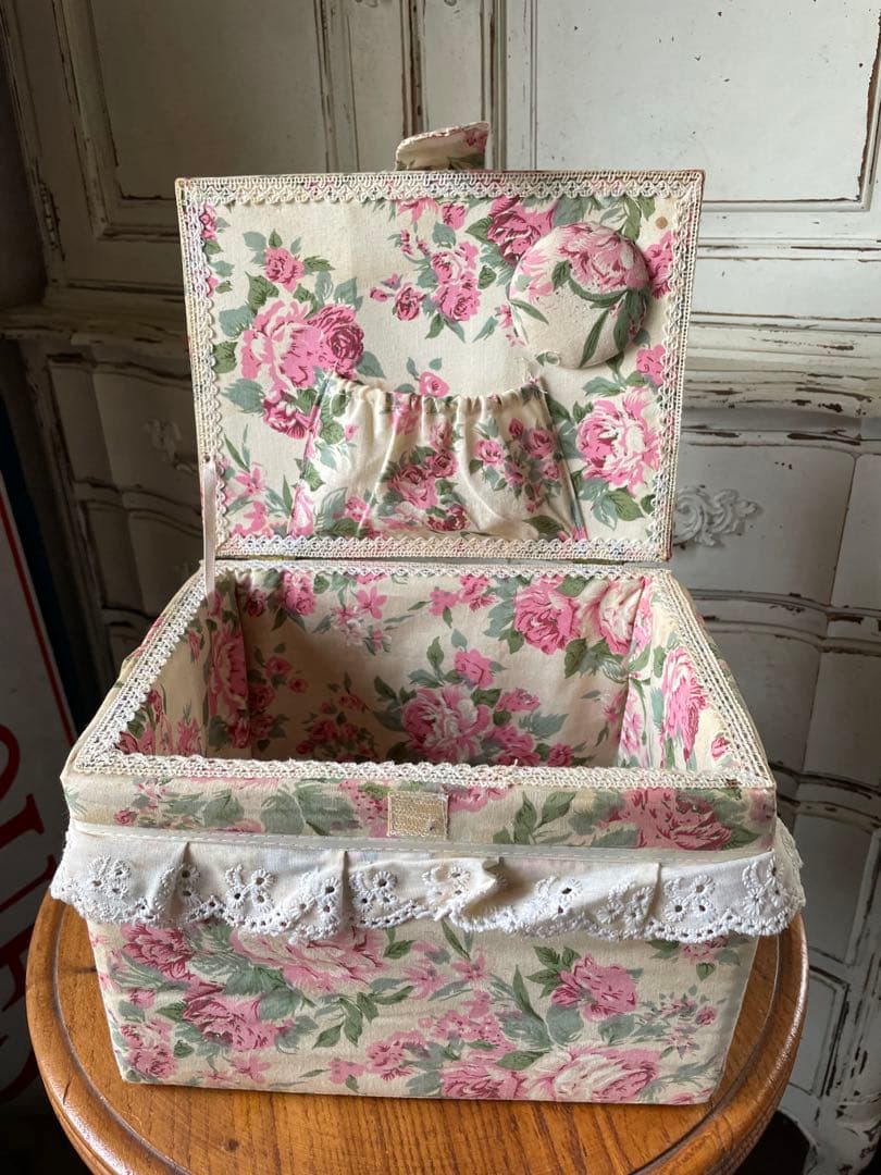 フランス　アンティーク　カルトナージュ　ボックス　収納箱　裁縫箱　ローズ　バラ