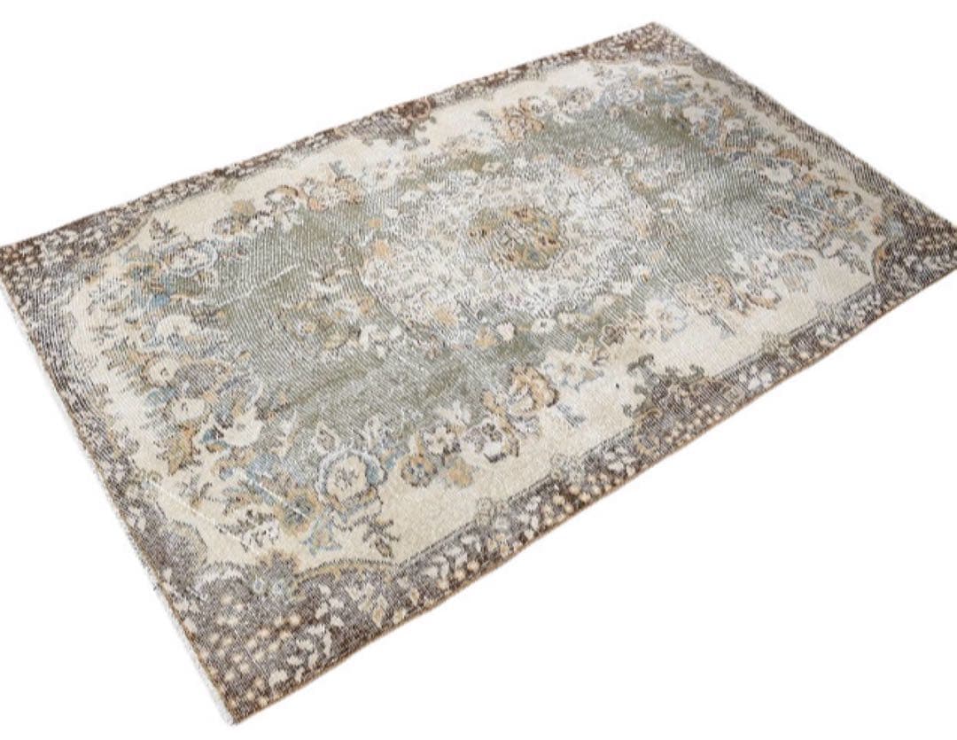 トルコヴィンテージラグ　超レア　スモーキーグリーン　193×116 ボタニカル