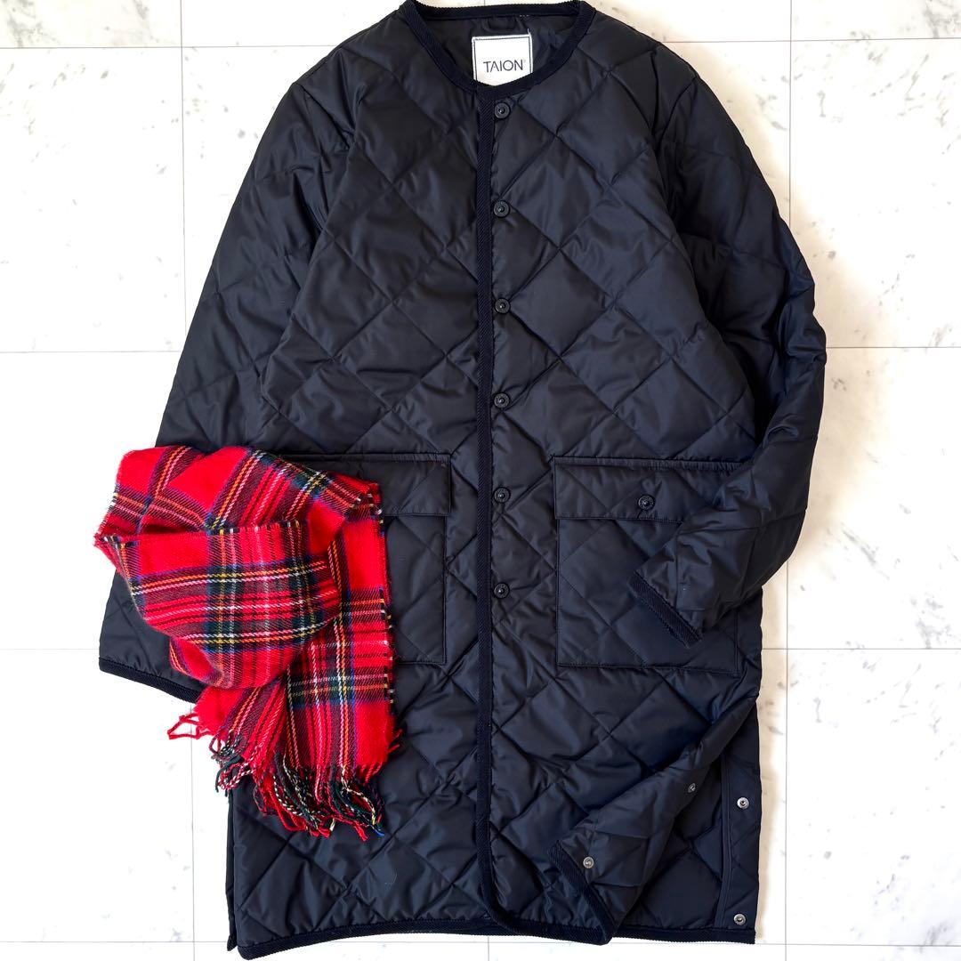 美品　タイオン　パイピングノーカラーキルティングコート　コーデュロイ　ロゴボタン