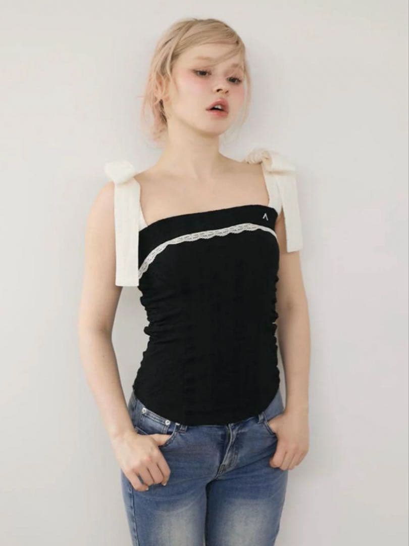 【新品】ANDMARY samantha ribbon tops black