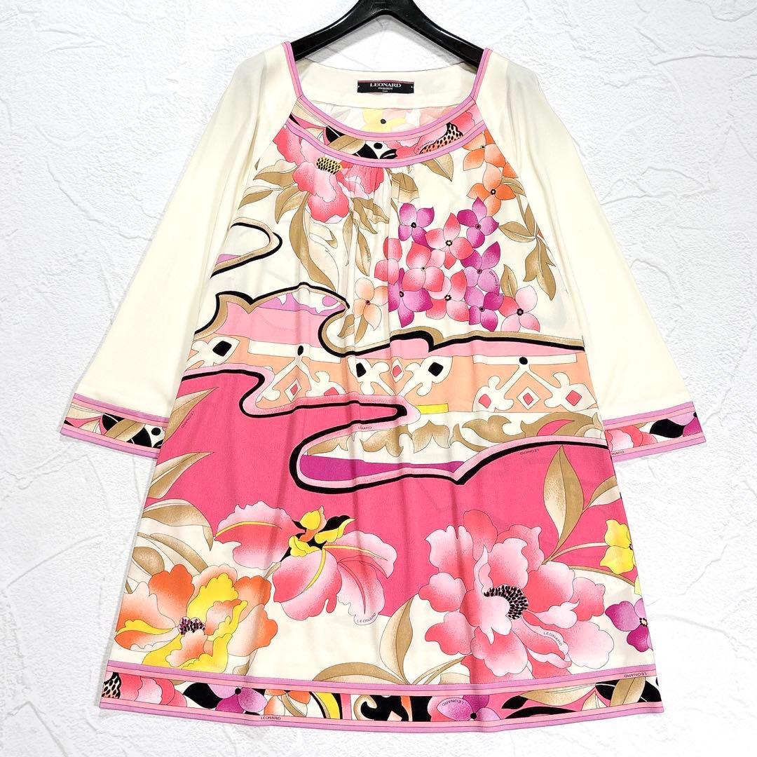 レオナール　ワンピース　チュニック　カンカン　トリム　花柄　L　マルチカラー