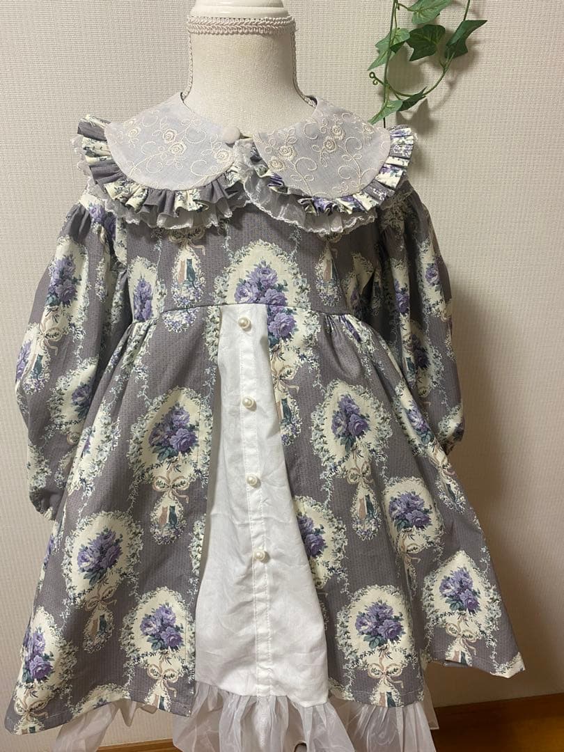 ハンドメイド　ウエストギャザーワンピース120、90cm つけ襟セット