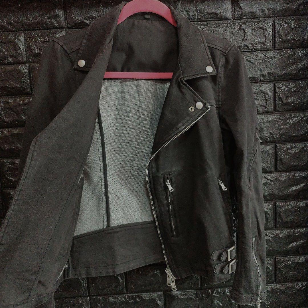 ノーアイディー　黒　ダブルライダースジャケット USED加工　デニム風仕上げ