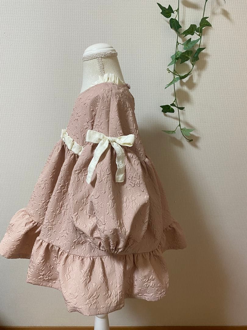 ハンドメイドウエストギャザーワンピースふっくら袖ワンピースチュニック丈130cm