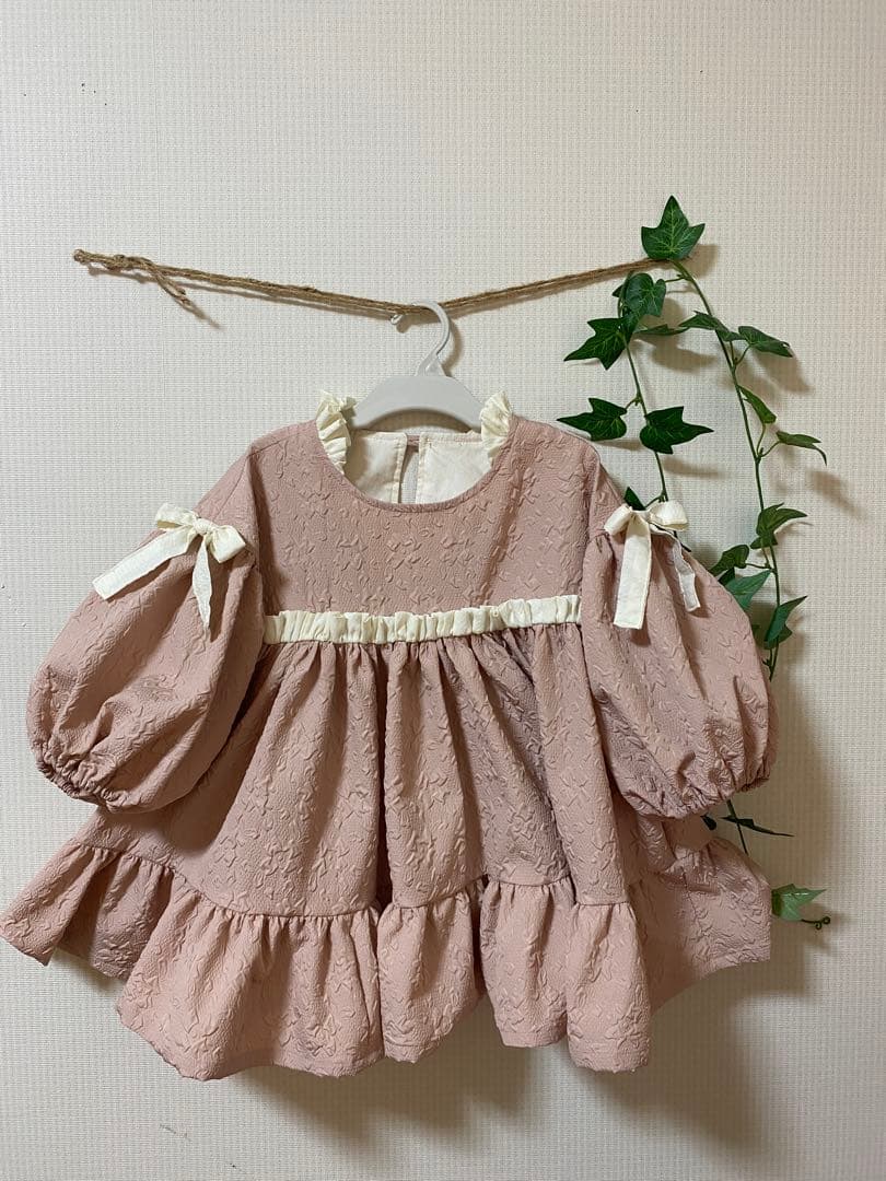 ハンドメイドウエストギャザーワンピースふっくら袖ワンピースチュニック丈130cm