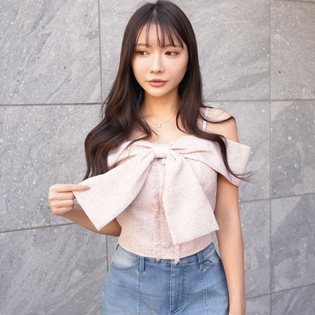 LIP SERVICE ツイードリボンオフショルトップス　ピンク リップサービス