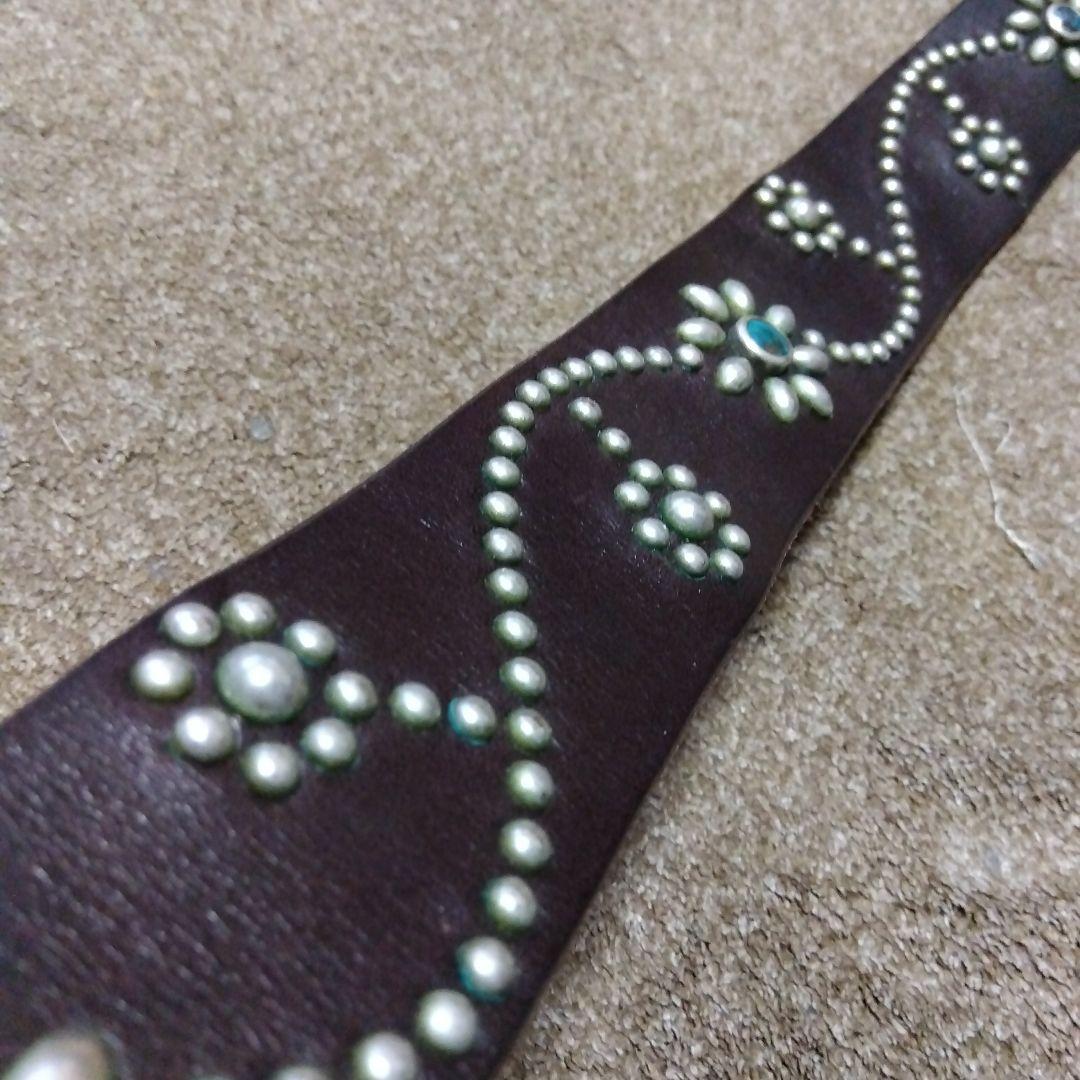 36inch ターコイズ フラワー HTC 革製 スタッズベルト ダークブラウン