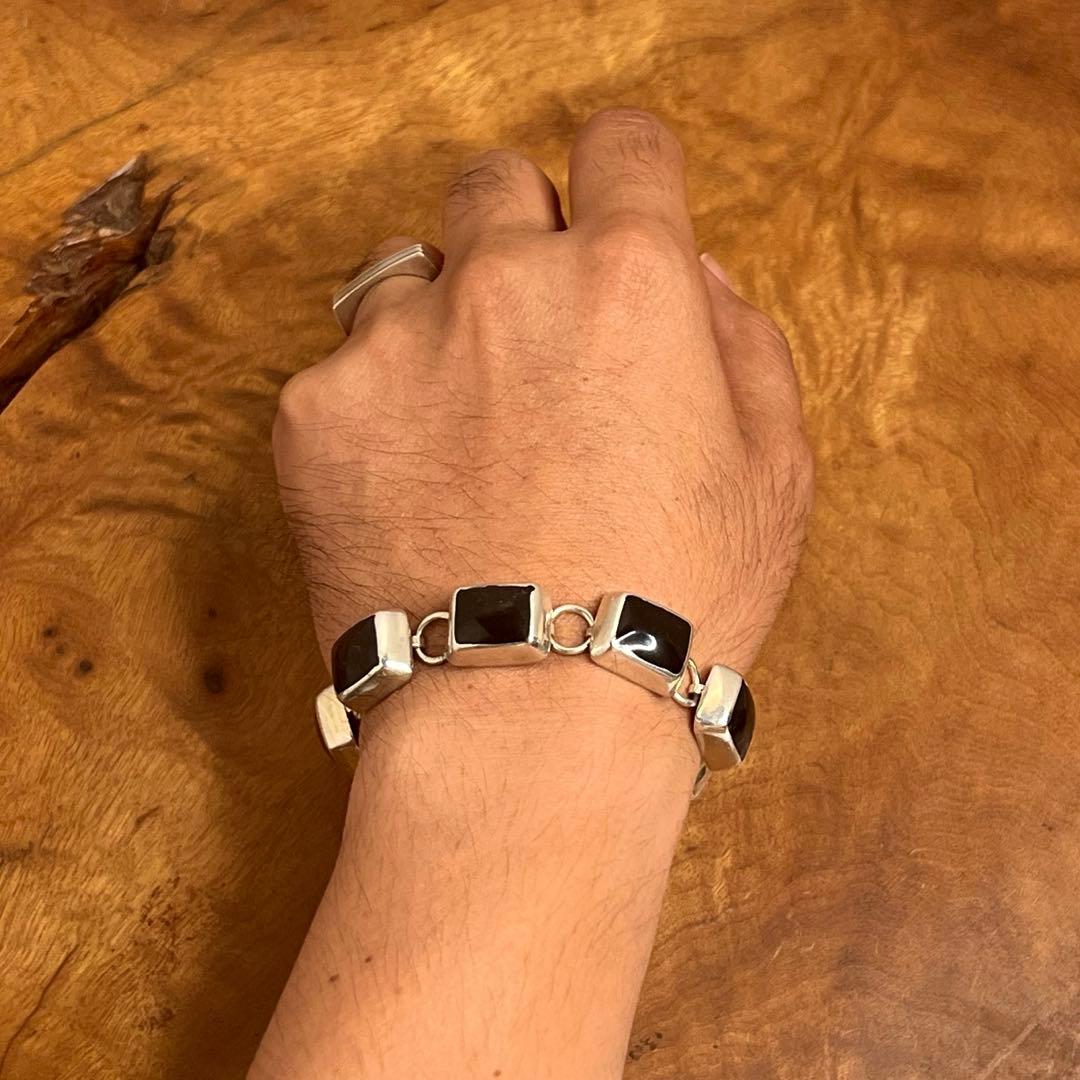 メキシコ ヴィンテージ シルバー オニキス ブロックリンク ブレスレット 925