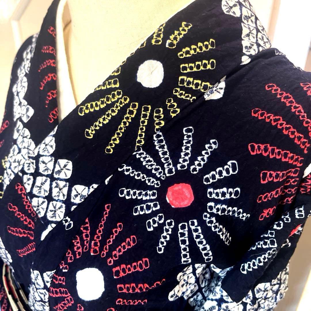 有松鳴海絞り 手蜘蛛しぼり浴衣 濃紺×白地 菊繋ぎ 一部しつけ付き 美品