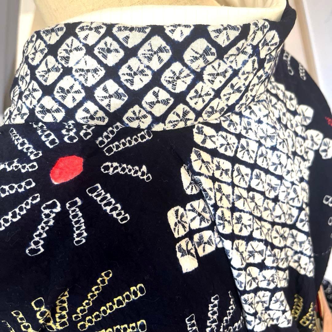 有松鳴海絞り 手蜘蛛しぼり浴衣 濃紺×白地 菊繋ぎ 一部しつけ付き 美品