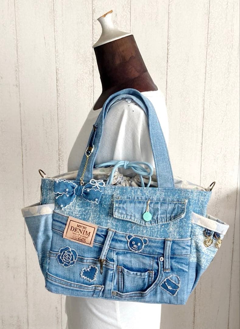 デニムリメイクバッグ　キラキラストーンデニム