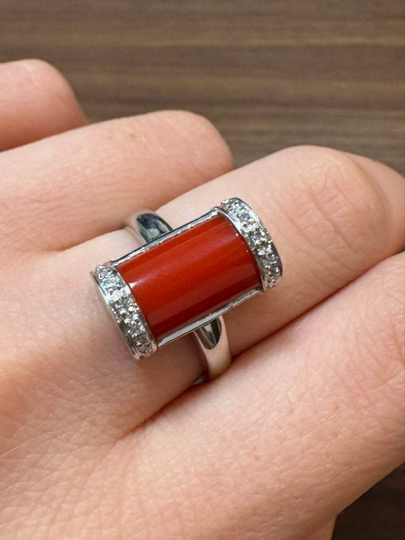 pt900 珊瑚 ダイヤ 0.08ct 15号8.2g リング