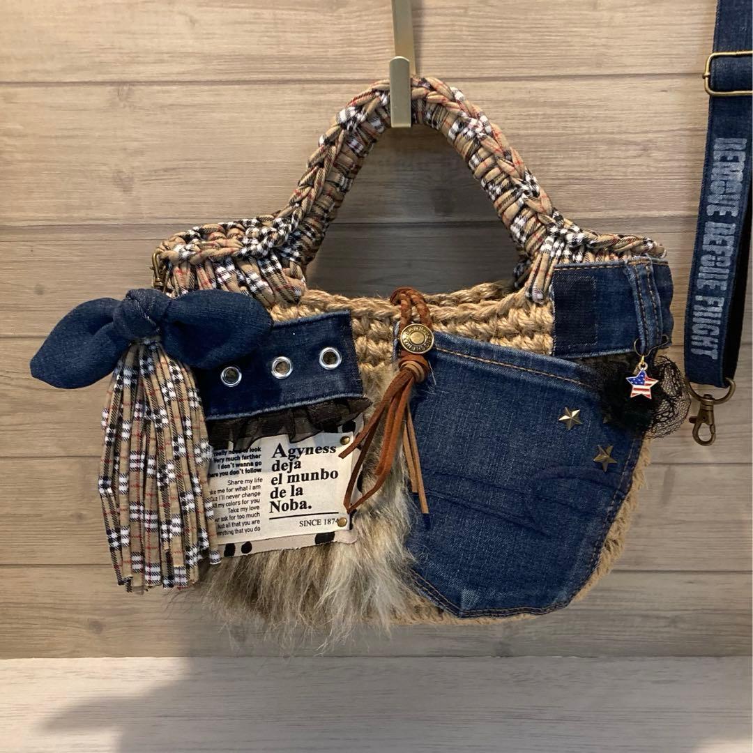ハンドメイドバッグ デニムリメイクバッグ リメイクマフラー Hiroko