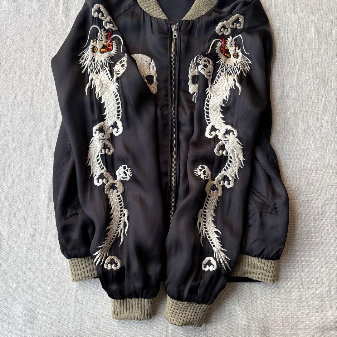 SKULL WORKS スカル 骸骨 龍 刺繍 スカジャン ブラック レーヨン
