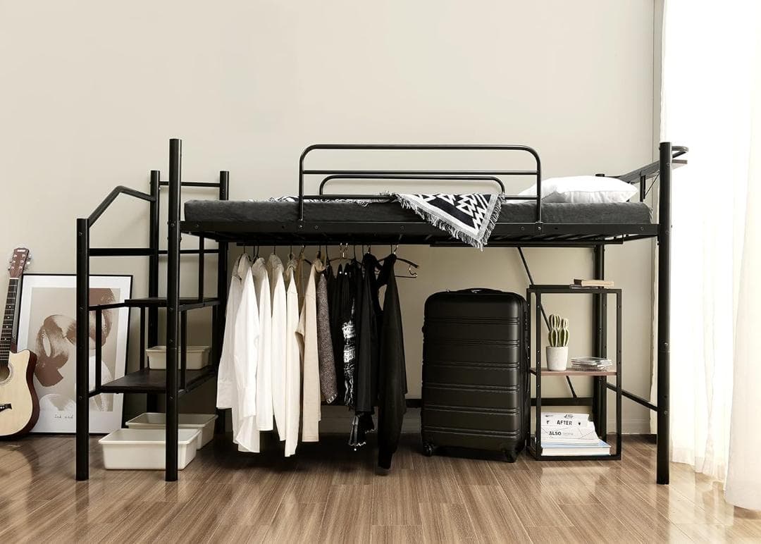 ロフトベッド 宮棚 パイプベッド 階段 耐荷重150kg セミダブル(ブラック)
