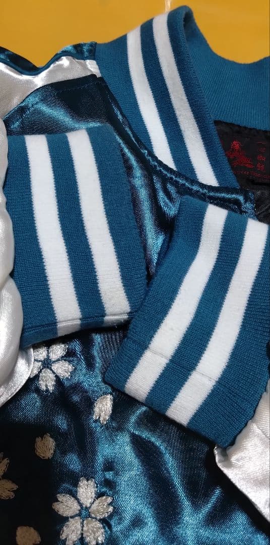 一心如鏡 スカジャン 風神雷神 刺繍 桜 月 和柄 サテン ブルーグリーン 5L