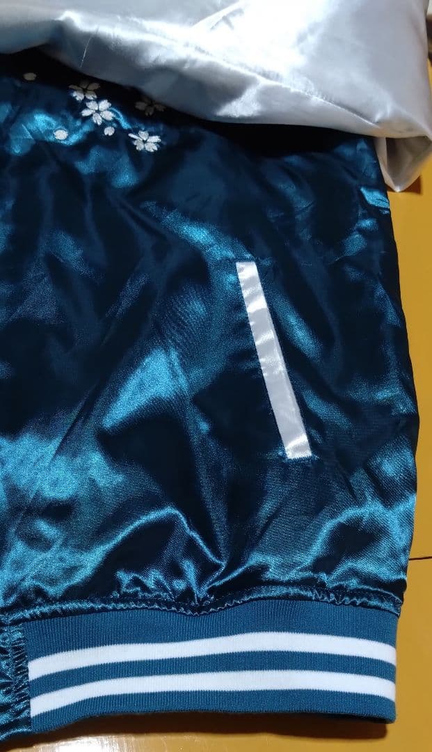 一心如鏡 スカジャン 風神雷神 刺繍 桜 月 和柄 サテン ブルーグリーン 5L